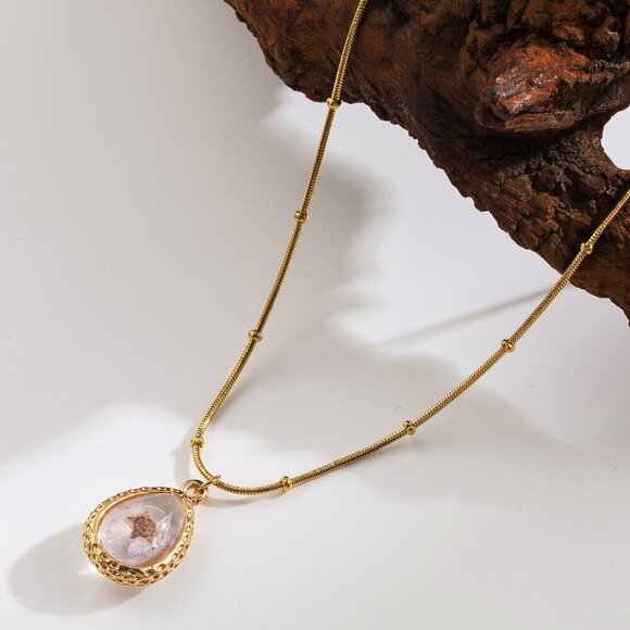 18K Gold Plated Stainless Steel Satellite Chain, Light Purple Pressed Flower - Picture 1 of 2